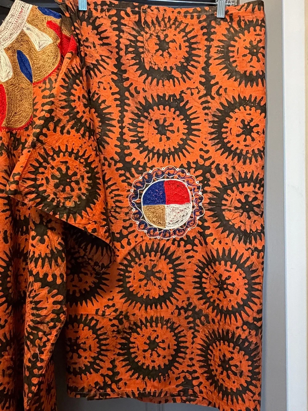 African 2 pc Bubu Kaftan Dress Mudcloth Print Brown Orange Embroidered Neckline